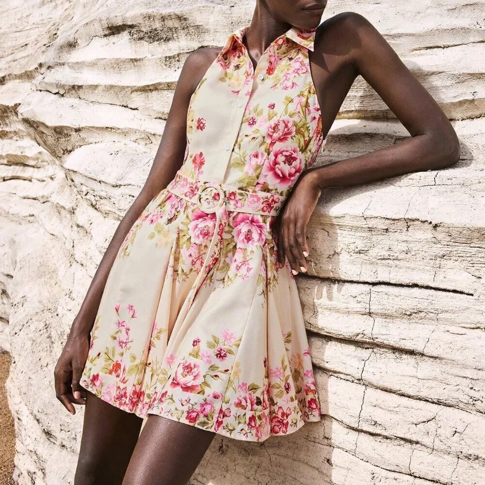 Multicolor Boho Women's Sleeveless Oversized Peony Floral Print Mini Dress - Picture 3 of 7